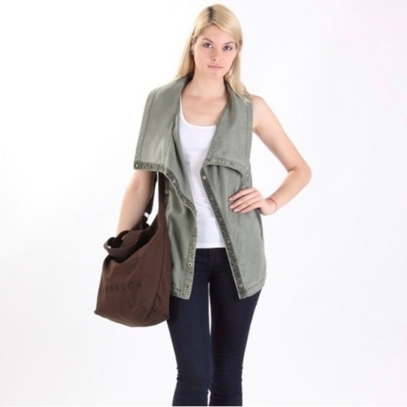 Anthropologie Marrakech Tombolo Utility Vest Size L Army Green Pockets Snap Up - Picture 3 of 9